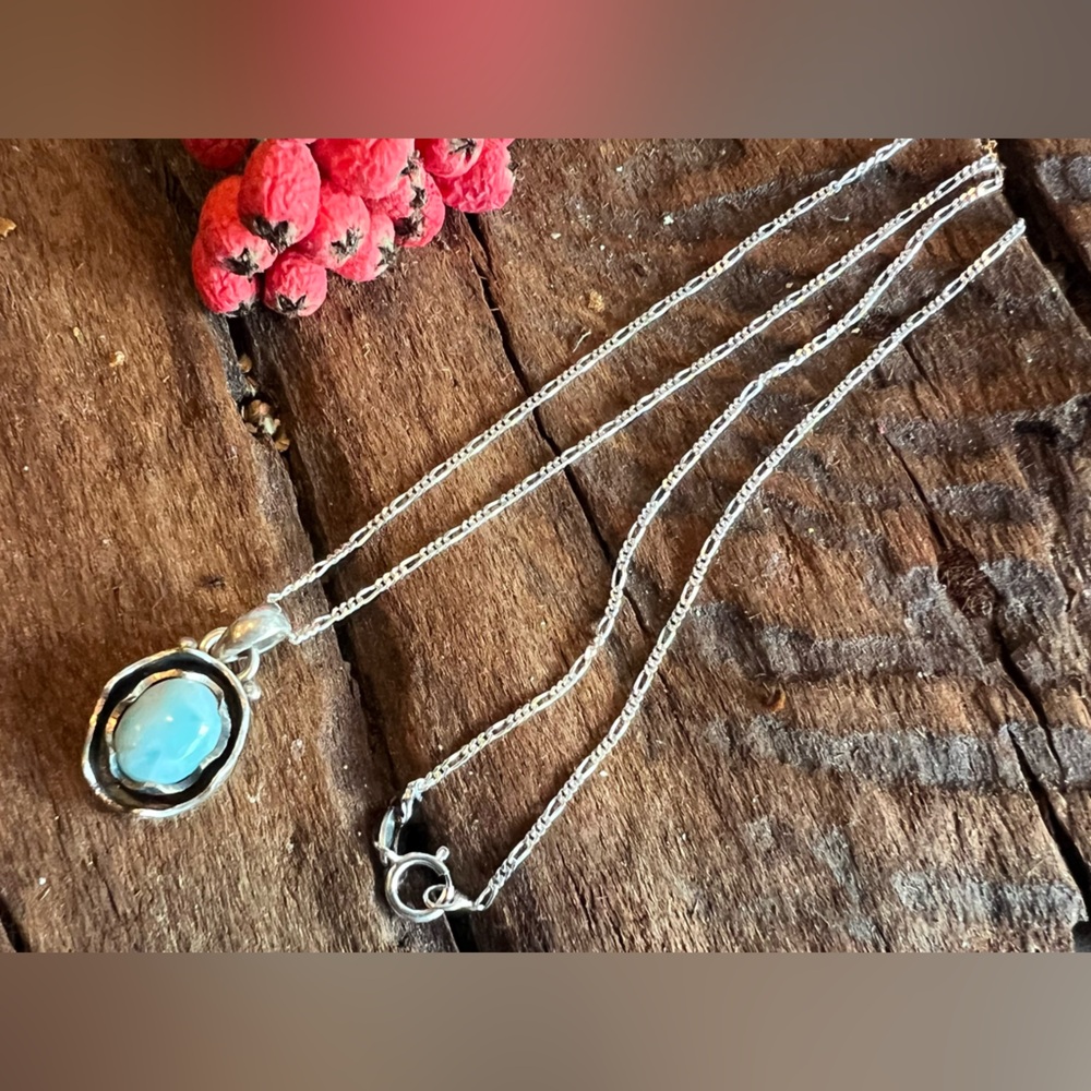 Bali Necklace Natural Larimar Sterling Baby Blue Small Oval Chain 18”